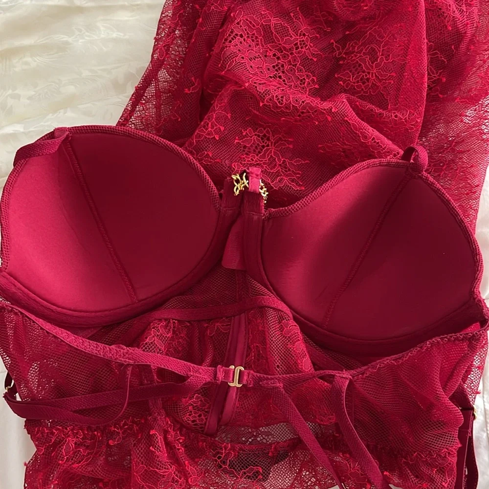 Vintage Victoria’s Secret Lace Bustier Open Chemise in Scarlet Red